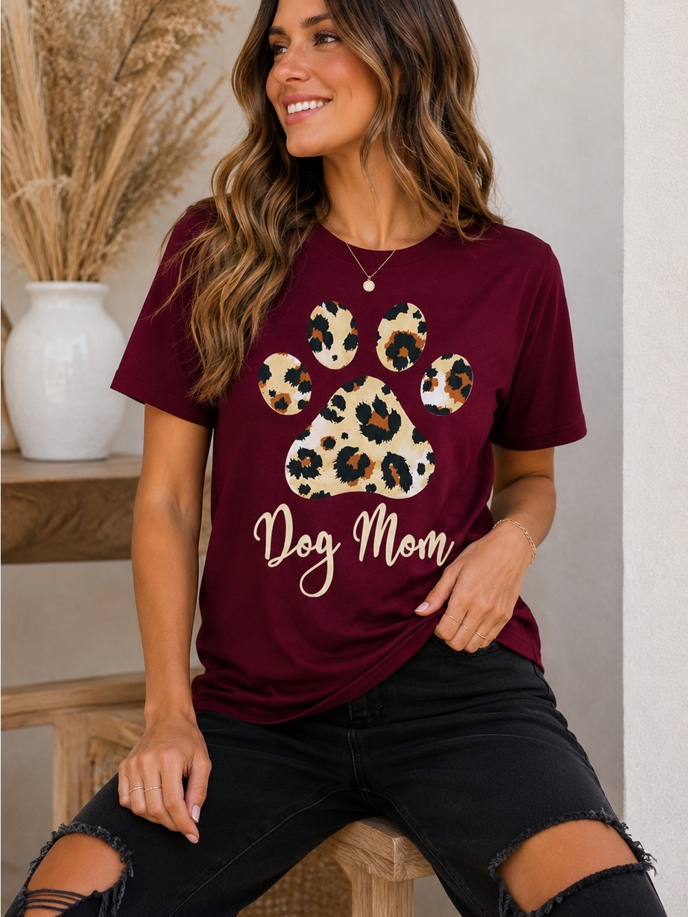 Burgundy Dog Mom Leopard Paw Graphic Tee Casual Shirt
